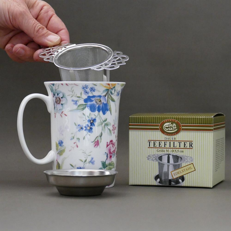 Filtre à thé en inox avec coupelle/couvercle (2 anses entrelacs)